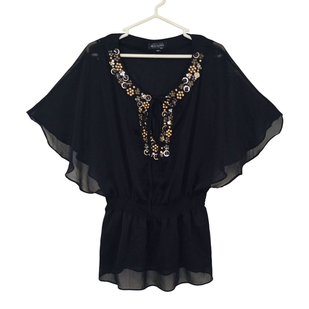 Marineblu Blouse Preppy Bohemia Black Chiffon Embellished Size M